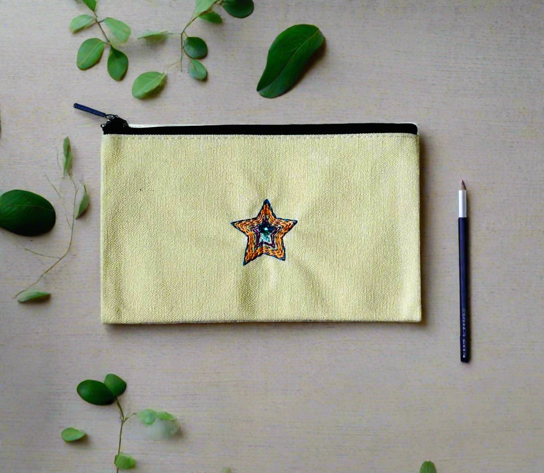 Beige Zipper Pouch featuring embroidered colourful star ⭐️