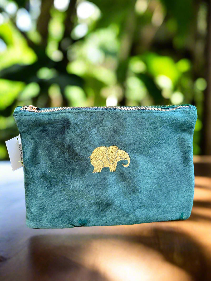 Velvet Pouch with Embroidered Elephant Design ๐