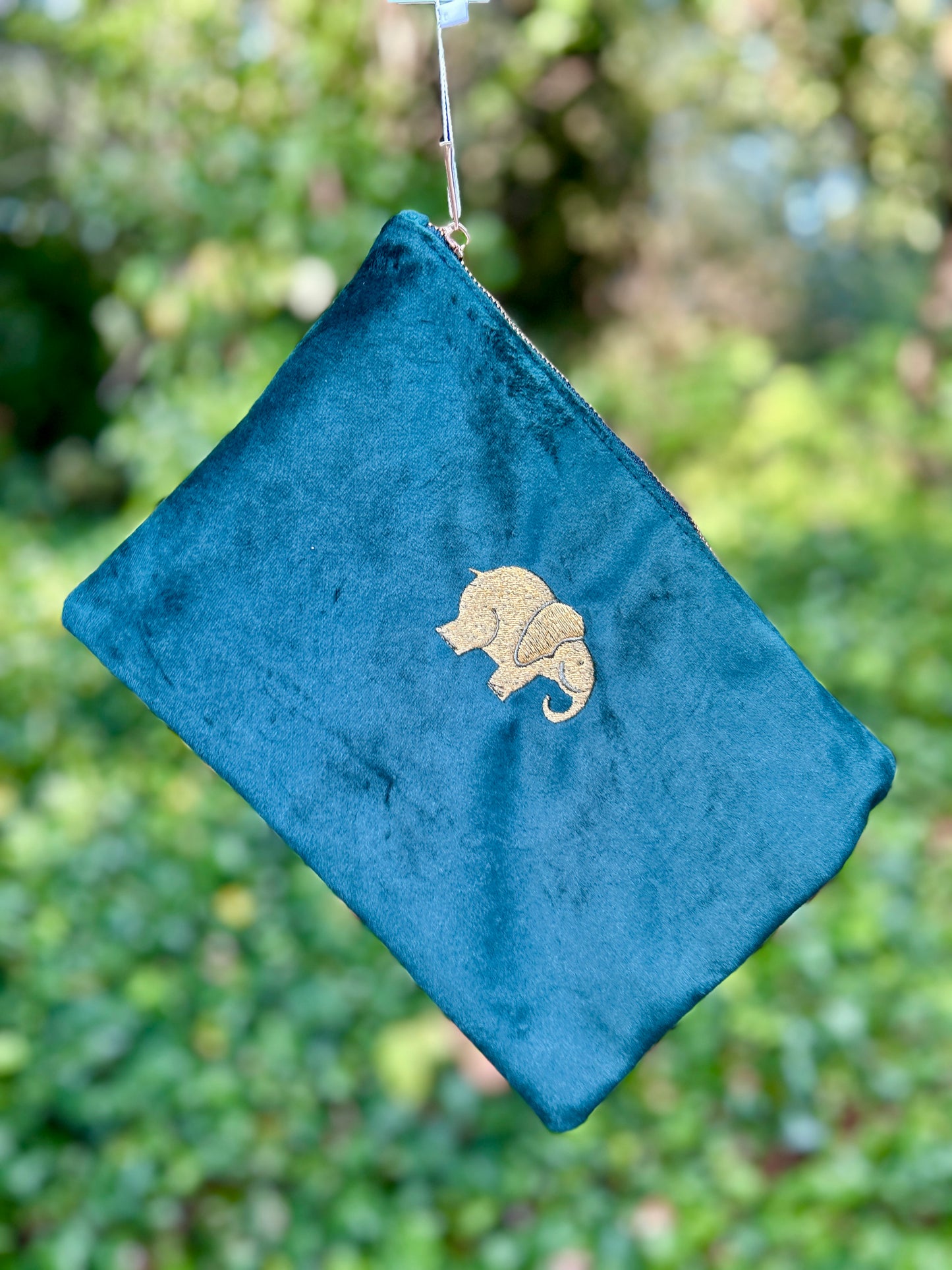 Velvet Pouch with Embroidered Elephant Design ๐