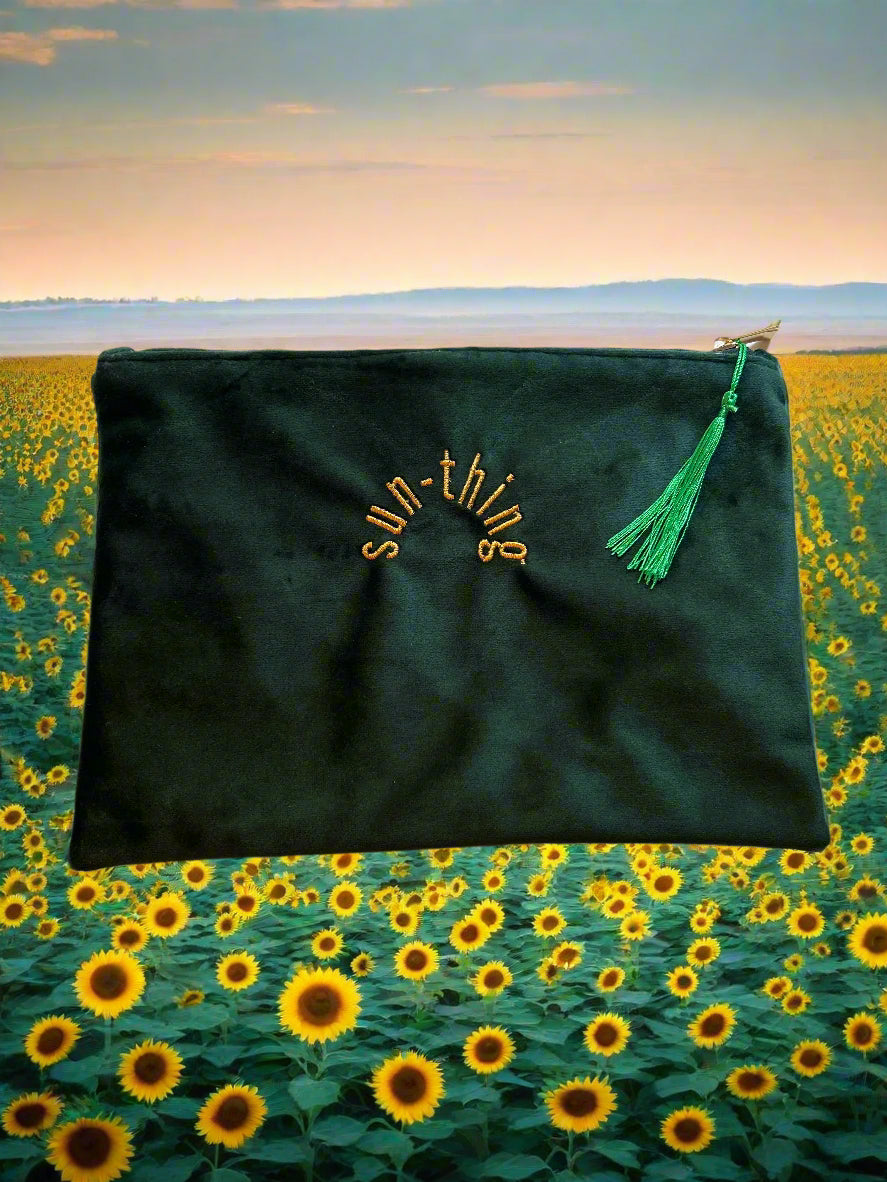 Velvet Pouch with embrioderd flower and quote 🌻