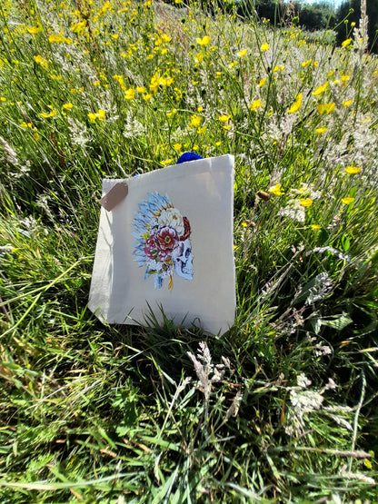 Heat-transfer Scull, Flowers and Feathers Canvas Tote Bag