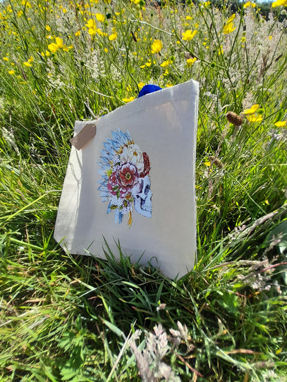 Heat-transfer Scull, Flowers and Feathers Canvas Tote Bag