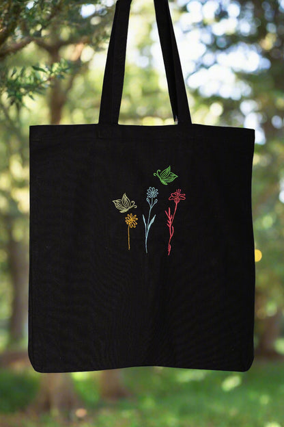 Embroidered Cotton Tote Bag Flower and Butterfly Design