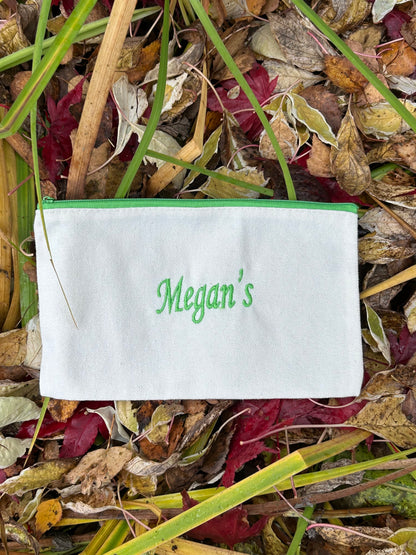 Personalized Beige Zipper Pouch with Embroidered Name