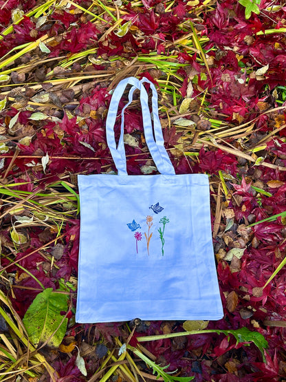 Embroidered Cotton Tote Bag featuring Flowers and Butterflies 🦋
