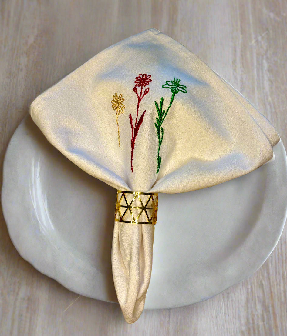 White Cloth Napkin with Flower Embroidery
