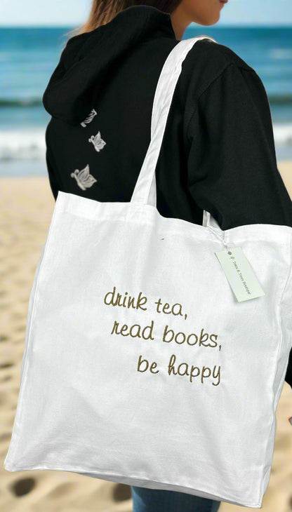 Embroidered Cotton Tote Bag with quote design
