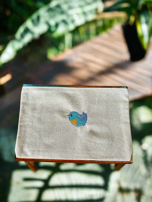 Beige Zipper pouch Embrioderd Bird