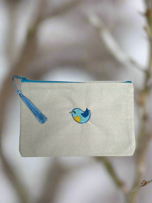 Beige Zipper pouch Bird embroidery 🐦