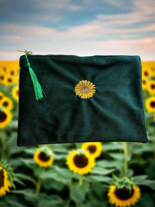 Velvet Pouch with embrioderd flower and quote 🌻