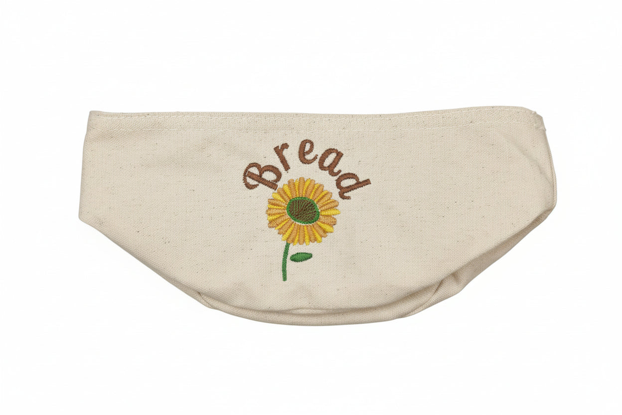 White bread bag with sunflower design and 'Bread' text on a white background