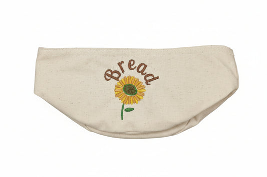 White bread bag with sunflower design and 'Bread' text on a white background