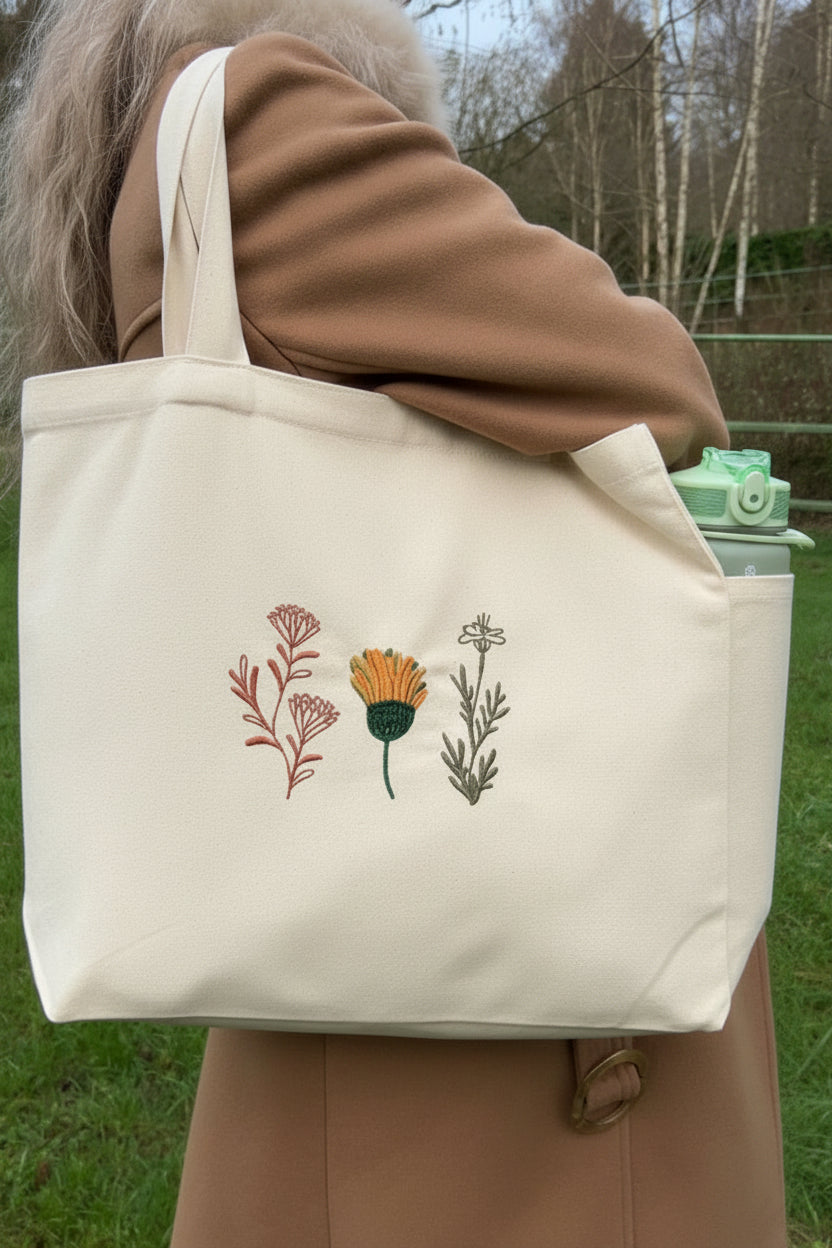 Wildflower Embroidered Canvas Tote Bag  🌷