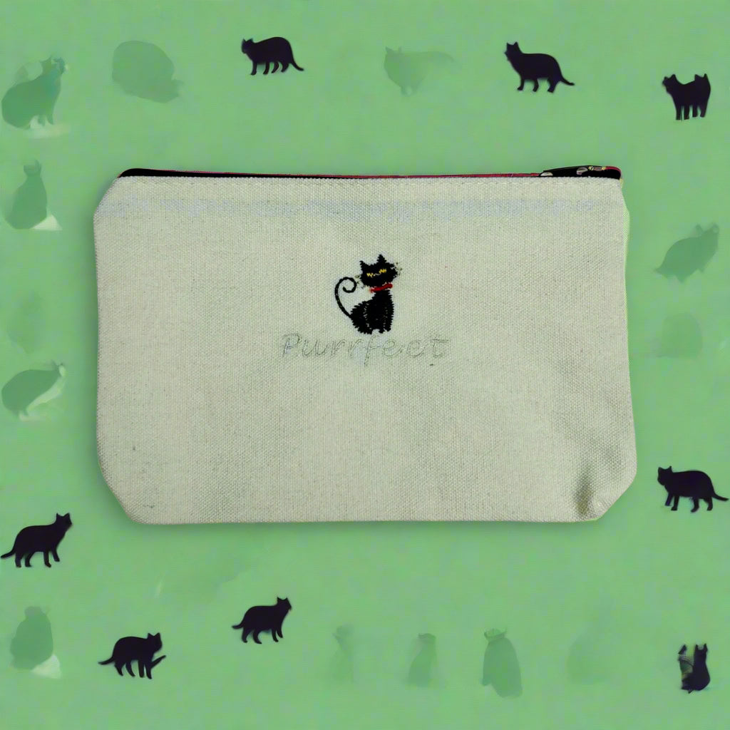 Beige Zipper Pouch Embrioderd Purrfect with cat design