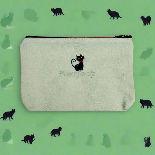 Beige Zipper Pouch Embrioderd Purrfect with cat design