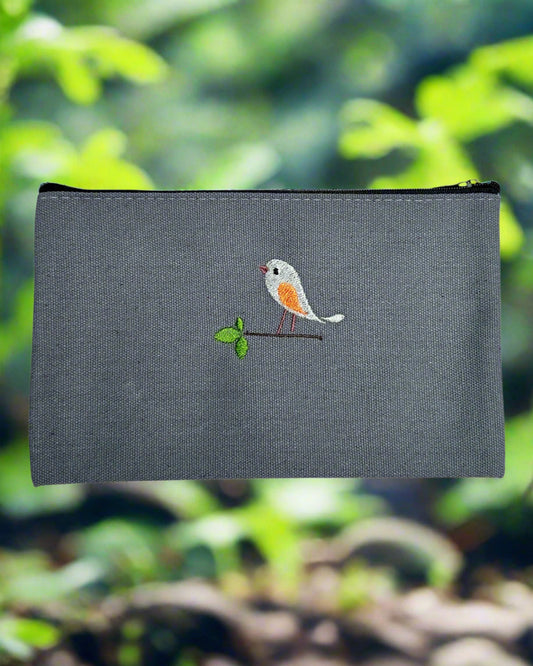 Grey Zipper Pouch featuring Embroidered Bird design