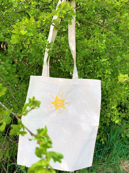 Sun and Pearl Embroidered Beige Tote Bag